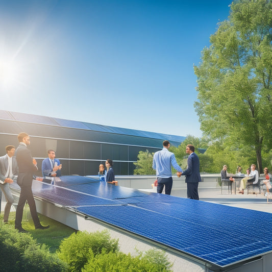 A modern office building with solar panels on the roof, surrounded by greenery. In the foreground, diverse business professionals discuss financing options, with charts and graphs subtly integrated into the scene. Bright, sunny day.