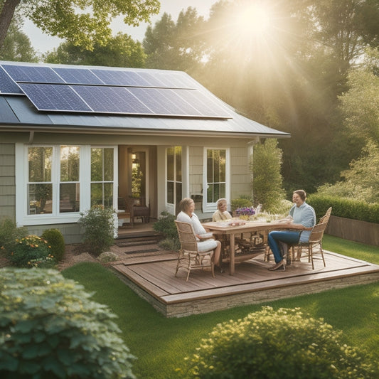 A serene suburban home with solar panels on the roof, surrounded by lush greenery, a sunlit garden, and a family discussing plans at a wooden table, with grant application papers and a laptop open nearby.