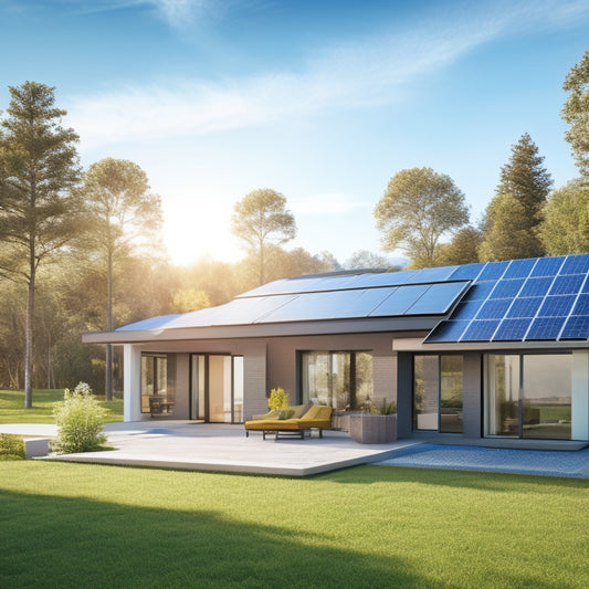 A modern house with sleek solar panels on a sloped roof, surrounded by greenery, under a clear blue sky. Sunlight glistens on the panels, showcasing an eco-friendly landscape with energy-efficient features.