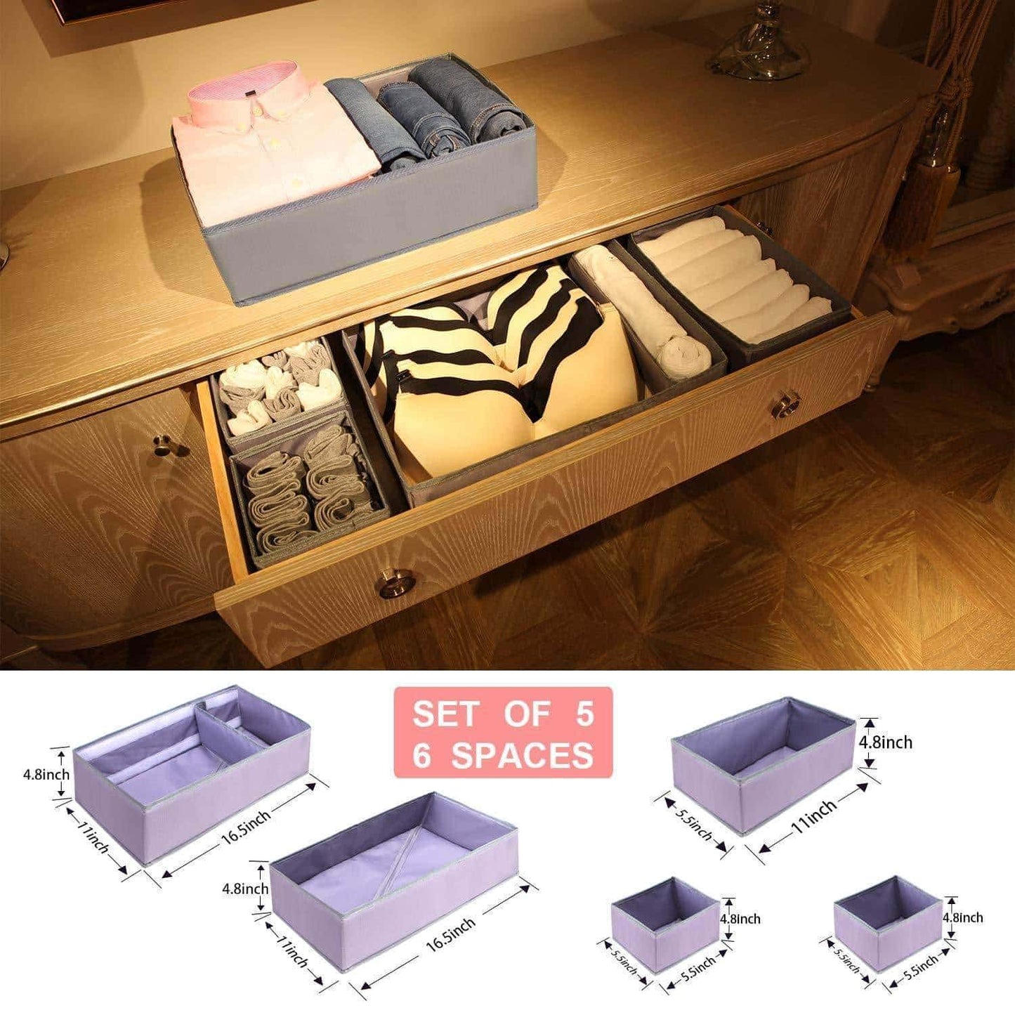 Home drawer organizer clothes dresser underwear organizer washable deep socks bra large boxes storage foldable removable dividers fabric basket bins closet t shirt jeans leggings nursery baby clothing gray