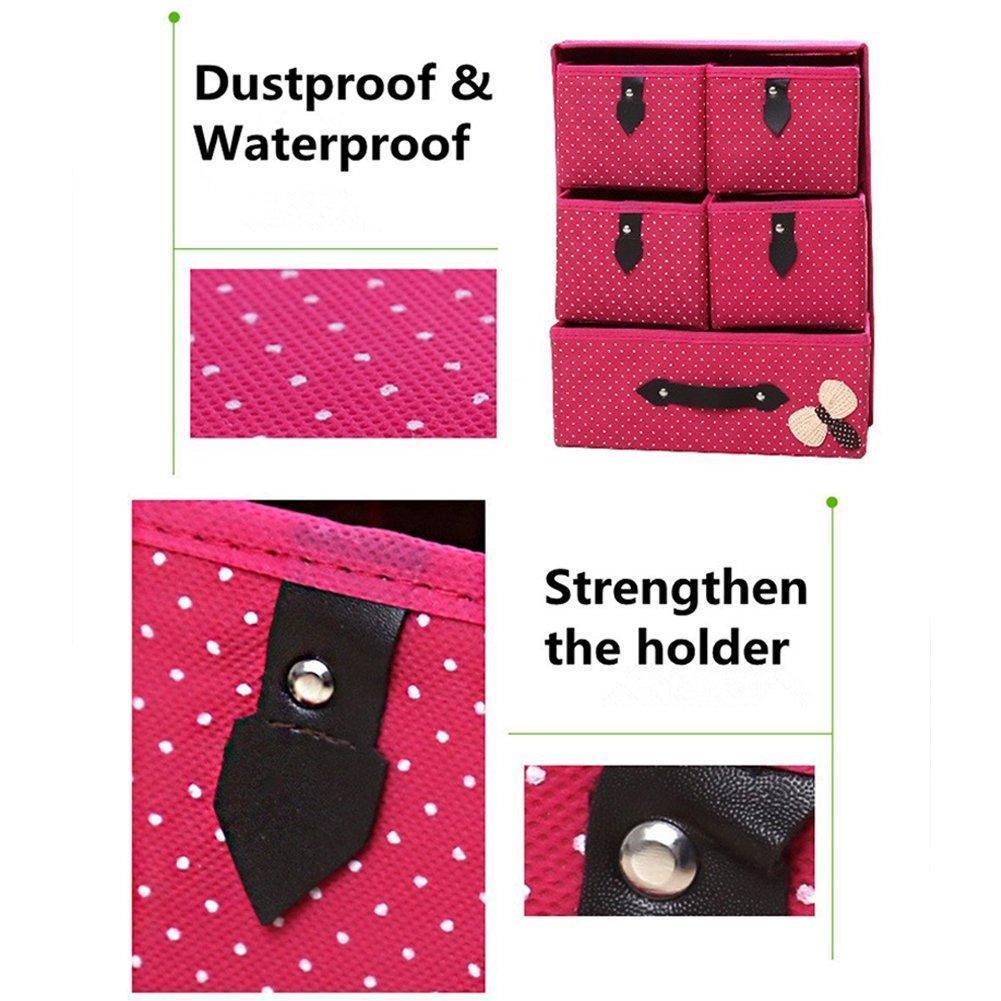 Organize with diffstyle cute bowknot dot printing non woven thickening three layer five drawer foldable collapsible classified storage box container organizer for underwear socks and any accessories pink
