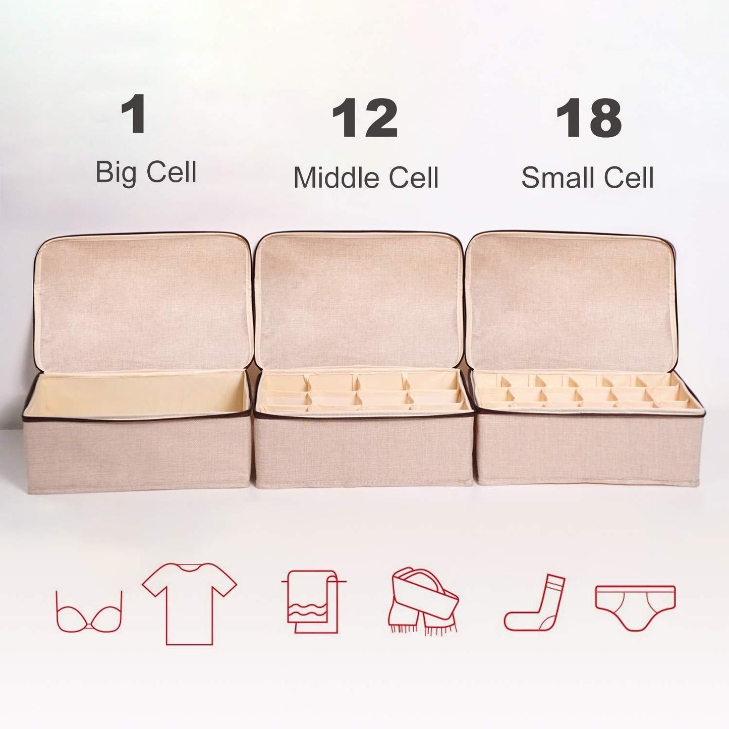 Kitchen underwear and socks organizer with lid for women set of 3 foldable drawer storage boxes for sorting storage socks bra underwear beige