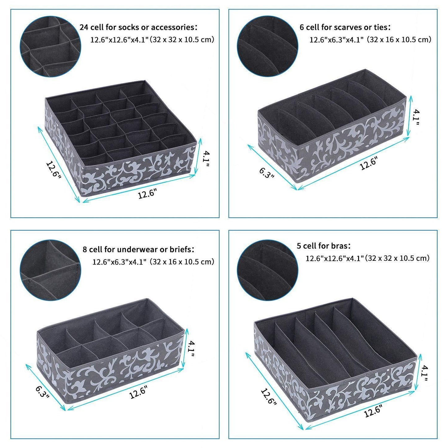 Related onlyeasy set of 4 closet underwear organizer drawer dividers foldable cloth storage boxes for bras socks underwears briefs ties scarves grey classic mnclss4p