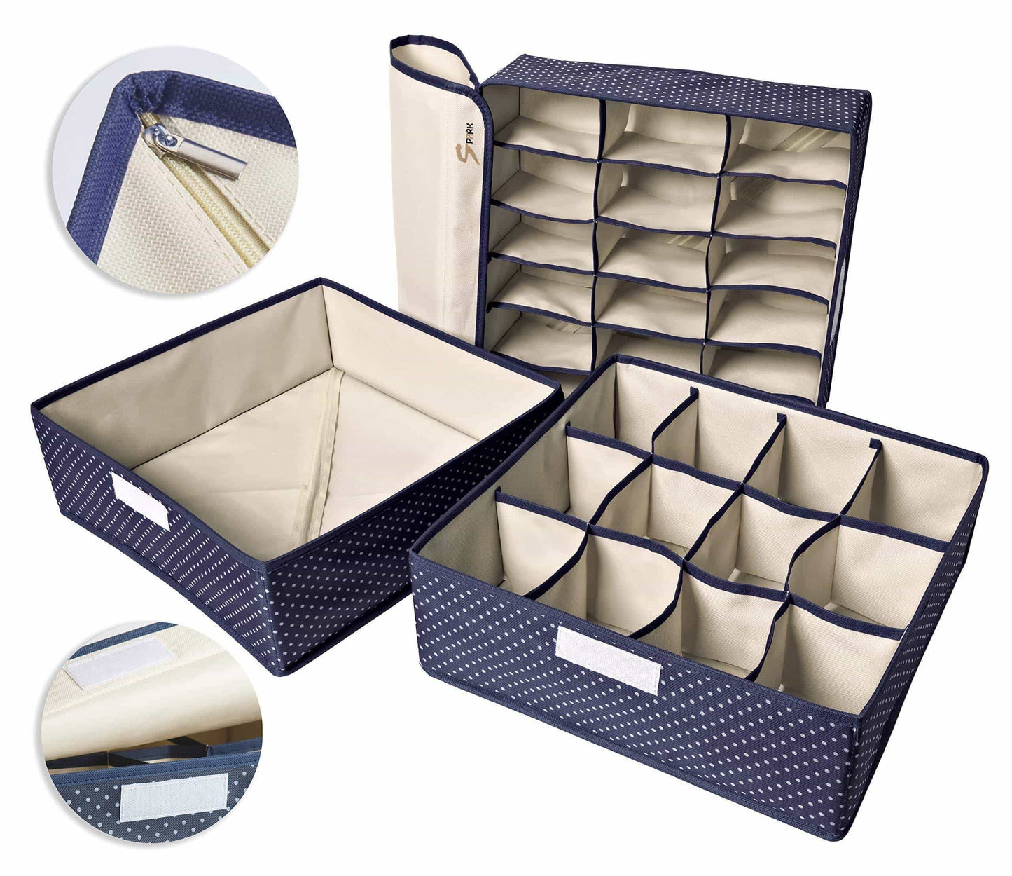 Budget topline goods spark premium set of 3 foldable covered drawer organizer closet organizer for socks bras for women underwear baby clothes belts scarves blue