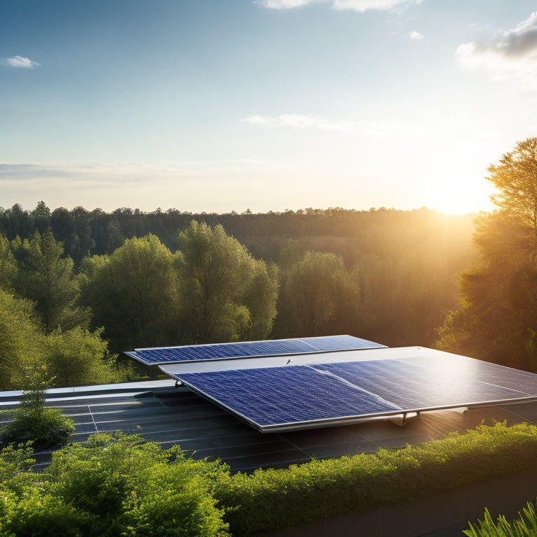 A serene, sunny landscape with a modern, sleek solar panel installation on a rooftop, surrounded by lush greenery, with a faint, shimmering aura representing eco-friendliness and sustainability.