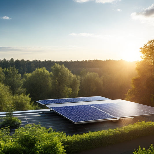 A serene, sunny landscape with a modern, sleek solar panel installation on a rooftop, surrounded by lush greenery, with a faint, shimmering aura representing eco-friendliness and sustainability.