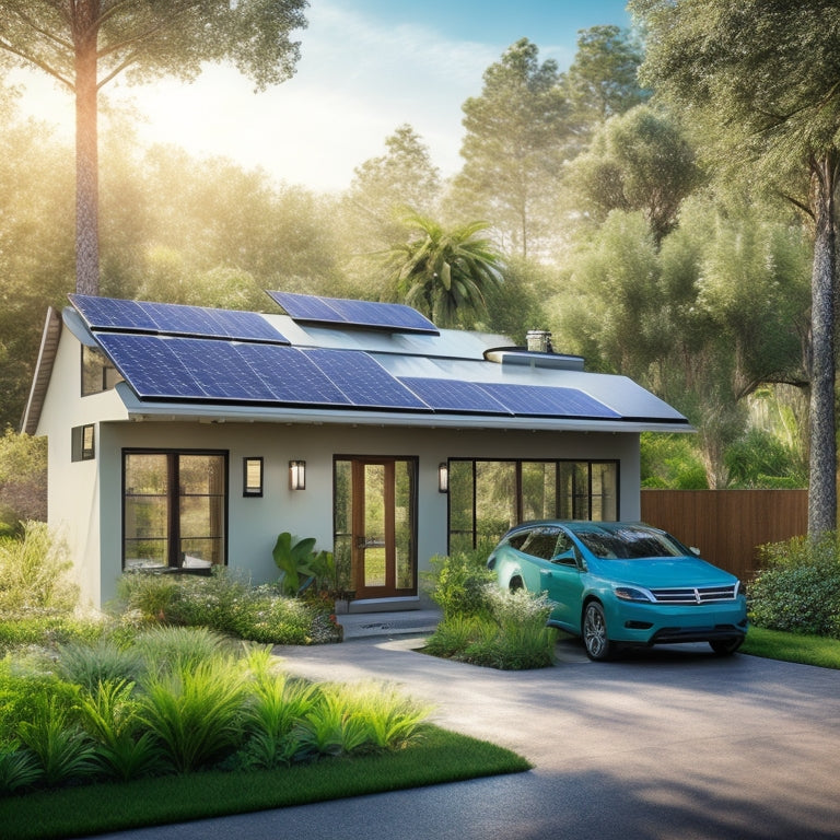 A vibrant, eco-friendly home with sleek solar panels on the roof, surrounded by lush greenery. Sunlight beams illuminating the garden, featuring a rainwater collection system and electric vehicle charging station in the driveway.