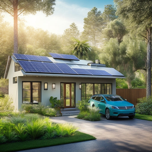 A vibrant, eco-friendly home with sleek solar panels on the roof, surrounded by lush greenery. Sunlight beams illuminating the garden, featuring a rainwater collection system and electric vehicle charging station in the driveway.