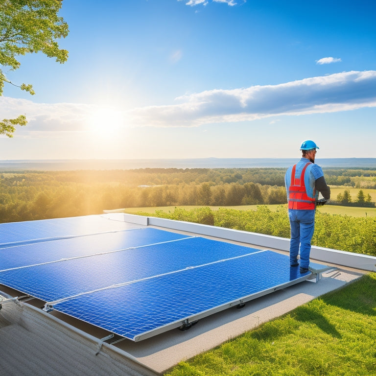 A serene suburban rooftop with gleaming solar panels under a bright blue sky, accompanied by a friendly installer in safety gear examining the setup, surrounded by lush greenery and a sunny landscape.