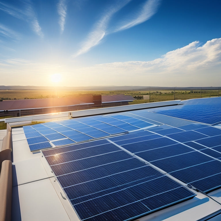 A photorealistic image depicting a sleek, modern rooftop with six high-efficiency solar panels, angled at 30 degrees, set against a clear blue sky with a few wispy clouds.