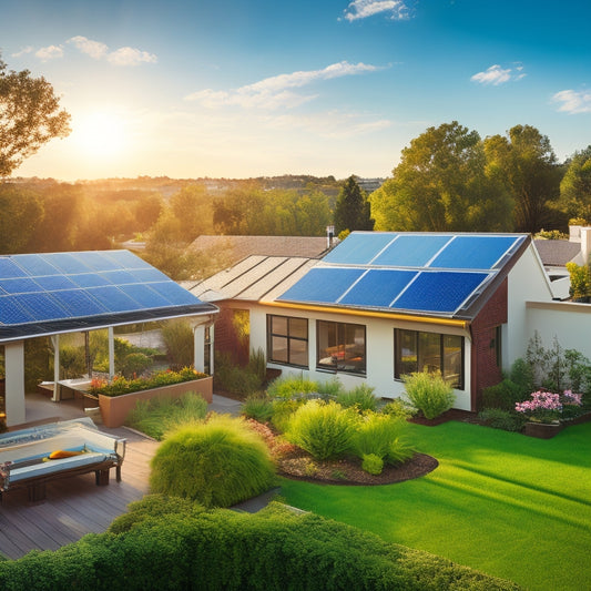 A bright, sunny backyard with multiple solar panels from different top brands (e.g., Tesla, SunPower, Panasonic) installed on rooftops and in gardens, with a subtle cityscape in the background.