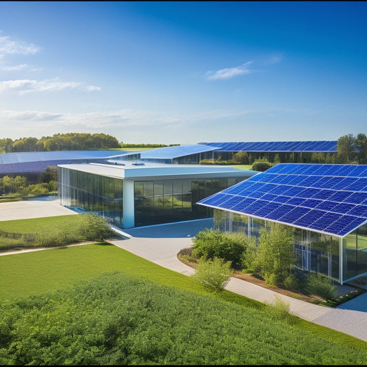 A modern commercial building with solar panels on the roof, wind turbines nearby, lush green landscaping, and energy-efficient windows reflecting sunlight, showcasing vibrant greenery and innovative technology harmonizing with nature.