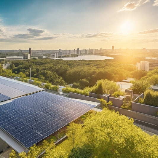 A vibrant rooftop adorned with sleek solar panels gleaming under the sun, surrounded by lush greenery, with a modern eco-friendly building in the background, emphasizing sustainability and innovation in a business environment.