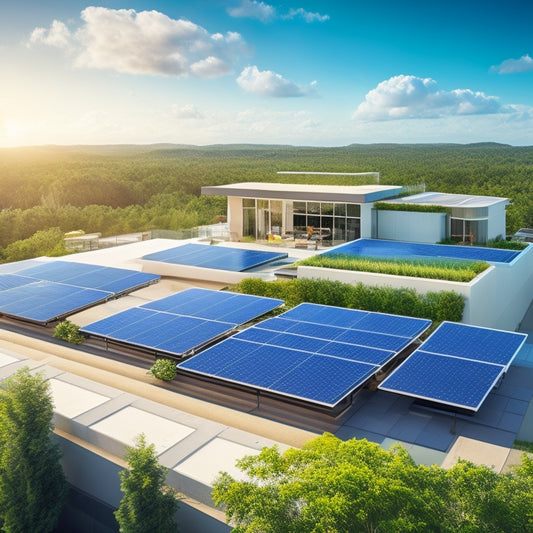 An illustration of a sleek, modern rooftop with 5-7 solar panels of varying sizes and designs, set against a bright blue sky with a few wispy clouds, surrounded by lush greenery.