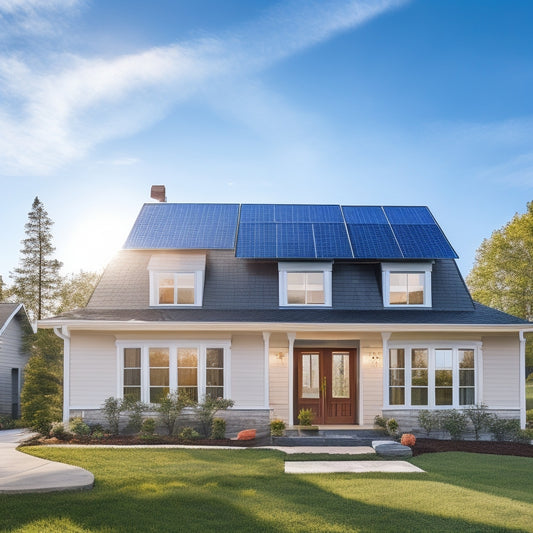 A serene suburban home with a mix of solar panels on its roof, showcasing a combination of traditional and sleek, modern designs, set against a bright blue sky with a few puffy white clouds.