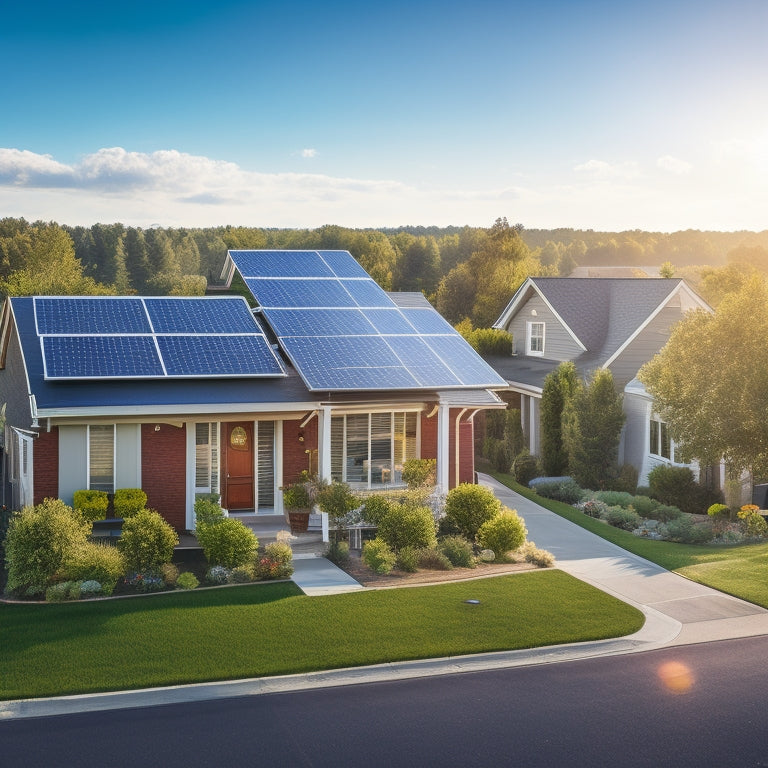 A serene suburban neighborhood with a mix of modern and traditional houses, each with sleek black solar panels installed on rooftops, amidst lush greenery and a bright blue sky with subtle sun rays.