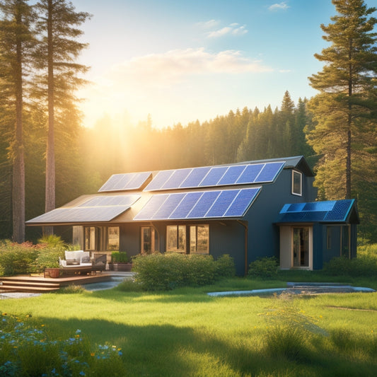 A serene landscape featuring a modern off-grid solar panel system on a rustic home surrounded by lush greenery, with sunlight reflecting off the panels, and a clear blue sky in the background.