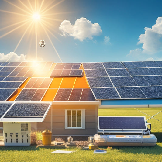 An illustration depicting a sunny sky with a roof-mounted solar panel array, surrounded by icons representing different cost factors, including a dollar sign, a wrench, a ruler, and a thermometer.