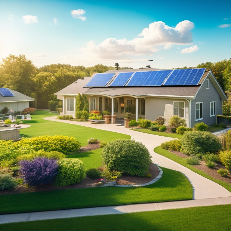 A serene suburban landscape featuring solar panels on rooftops, bright sunlight illuminating green gardens, families enjoying outdoor activities, and a clear blue sky, symbolizing energy independence and sustainable living.