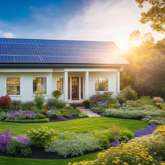 A sunlit suburban home adorned with sleek solar panels on the roof, surrounded by lush greenery, vibrant flowers, and a clear blue sky, showcasing a harmonious blend of modern technology and nature.