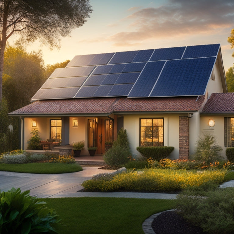 A serene suburban home with a mix of solar panels and traditional roof tiles, surrounded by lush greenery, with a subtle sun glow and a faint grid of energy efficiency metrics in the background.