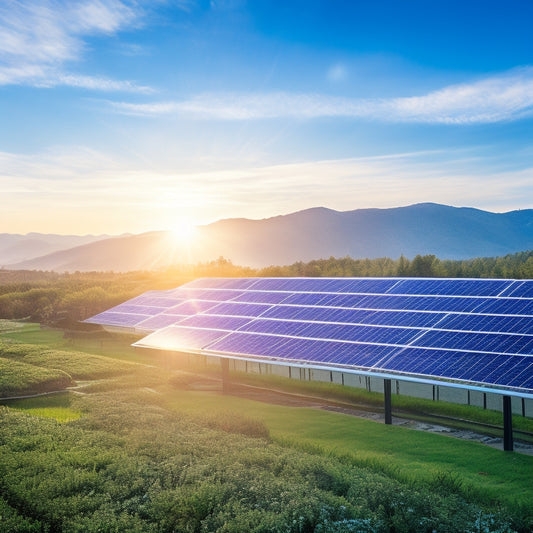 A vibrant landscape showcasing solar panels glistening in the sun, wind turbines spinning on rolling hills, and a thriving green rooftop garden on a modern office building, symbolizing sustainable energy and business innovation.