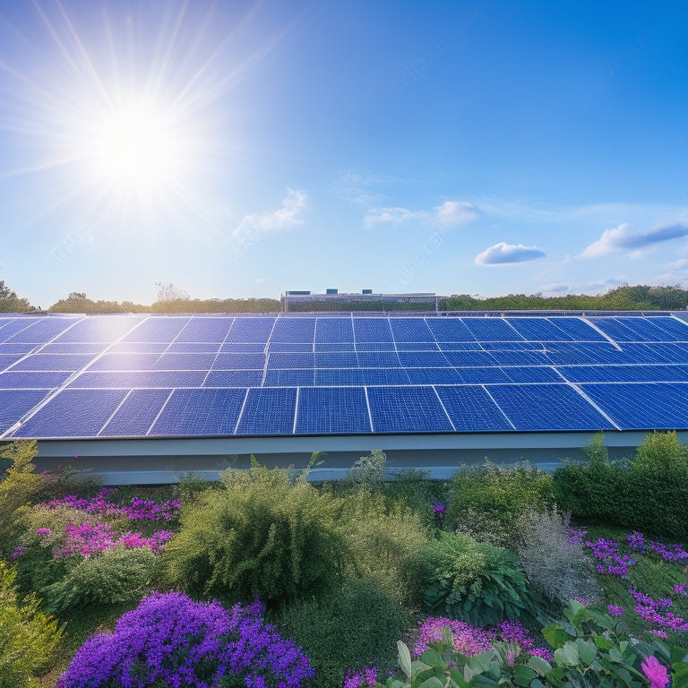 A vibrant rooftop adorned with sleek solar panels, surrounded by lush greenery and blooming flowers, with solar-powered lights illuminating a modern, sustainable office building under a bright blue sky.