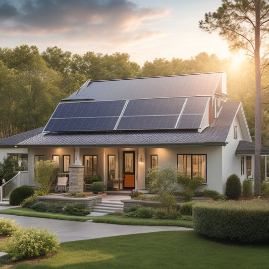 A serene suburban home with a mix of modern and traditional architecture, surrounded by lush greenery, featuring a rooftop array of sleek, high-efficiency solar panels in varying sizes and angles.