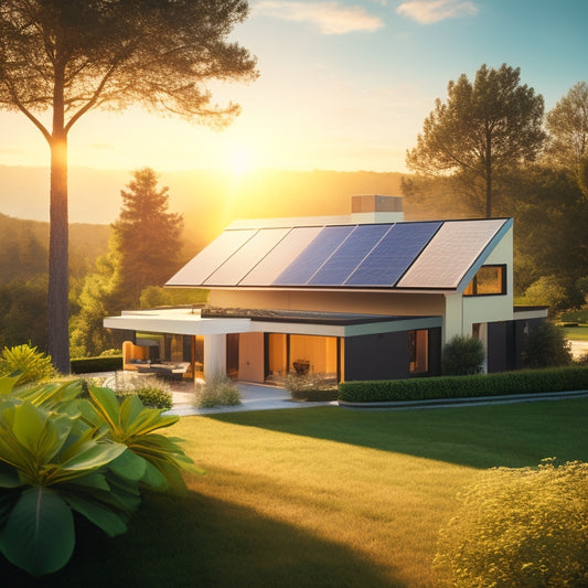 A serene landscape with a modern home in the background, surrounded by lush greenery, with a sleek solar panel array on the rooftop, angled to capture golden sunlight.