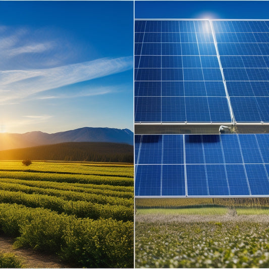 A split-screen image: a sunny landscape with solar panels on the left, and a downward-trending graph with a green line and blue accents on the right, surrounded by tiny, shiny solar cells.