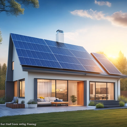 Create an image of a modern house with solar panels on the roof, a bar graph showing costs and savings, and a bright sun in the sky, symbolizing energy efficiency and financial benefits.