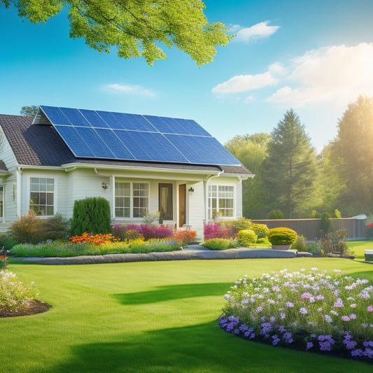 A serene suburban home with a lush green lawn, surrounded by blooming flowers, featuring a sleek solar panel array on its rooftop, with a few birds flying overhead under a bright blue sky.