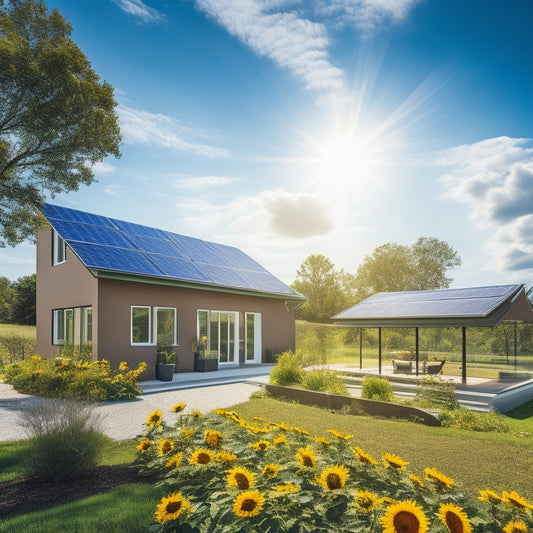 A vibrant landscape featuring a modern home with sleek solar panels on the roof, surrounded by lush greenery and sunflowers, under a bright blue sky with the sun shining down, symbolizing energy independence.
