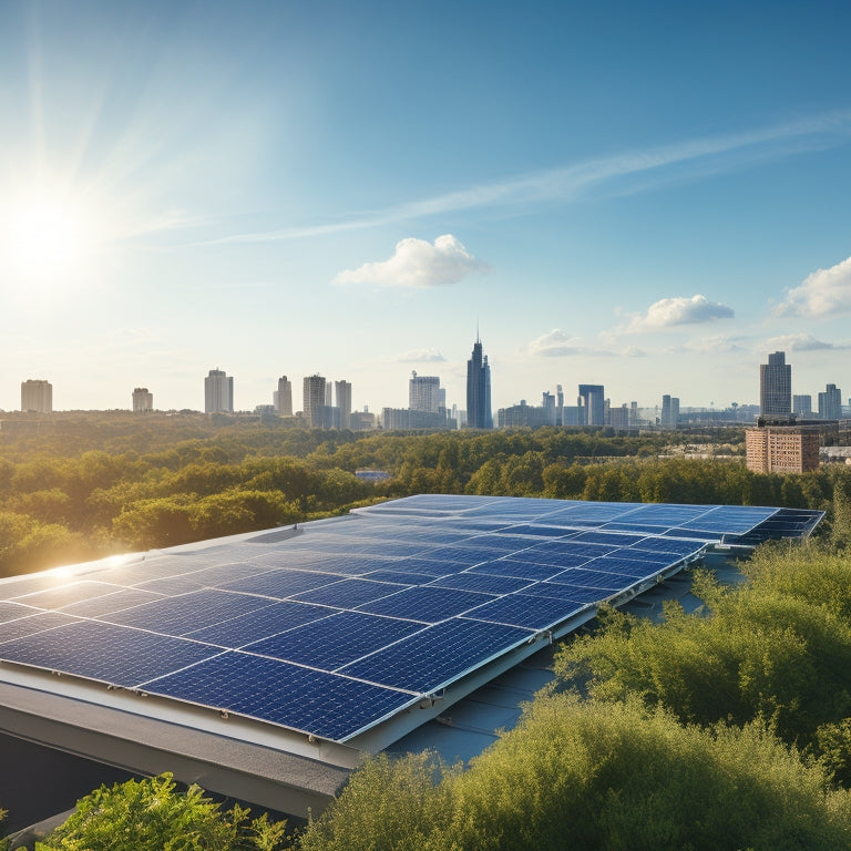 A serene rooftop with multiple solar panels of varying sizes and designs, set against a bright blue sky with a few wispy clouds, surrounded by lush greenery and a subtle cityscape in the background.