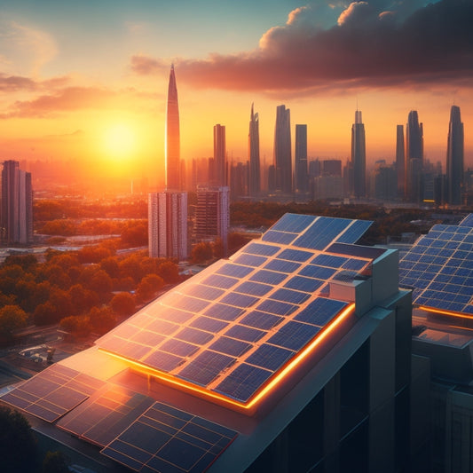 A futuristic, sleek, and modern illustration of a cityscape at sunset with a blend of traditional and contemporary buildings, featuring rooftops covered in solar panels, with a subtle glow emanating from them.