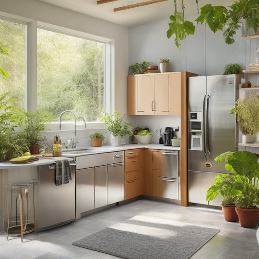A modern kitchen with sleek, stainless steel eco-friendly appliances, including a solar-powered refrigerator and an energy-efficient dishwasher, surrounded by lush indoor plants and natural light streaming through large windows.
