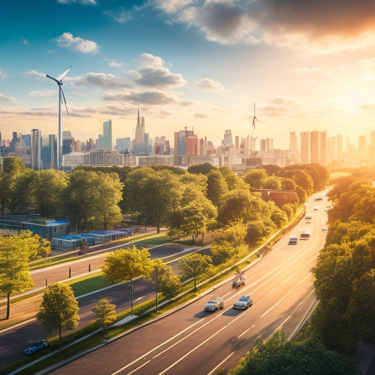 A vibrant city skyline with solar panels on rooftops, wind turbines in parks, and lush green walls. Electric cars charging at stations, pedestrians enjoying a tree-lined street, and community gardens thriving amidst modern architecture.