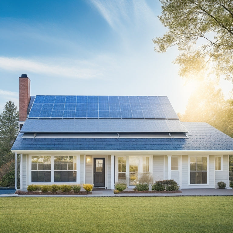 A serene suburban home with a mix of clear blue sky and fluffy white clouds, showcasing a sleek solar panel array on the roof, with a few panels slightly angled and others flat.