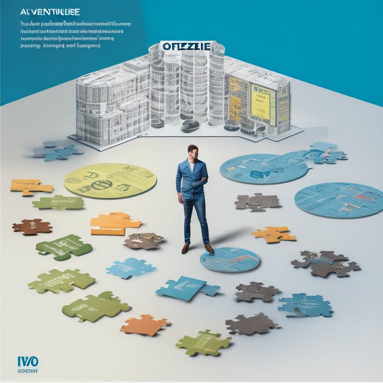 An illustration of a startup entrepreneur standing in front of a giant puzzle, with various puzzle pieces labeled with financing options (e.g. venture capital, crowdfunding, loans) fitting together to form a complete picture of success.