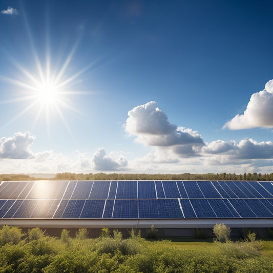 A bright blue sky with fluffy white clouds above a modern commercial building with a sleek, silver solar panel array on its rooftop, surrounded by lush greenery and a subtle sunburst effect.