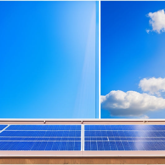 A split-screen image: a bright blue sky with a few fluffy white clouds, a sleek modern solar panel installation on a rooftop on one side, and a downward-trending graph with a red arrow on the other.