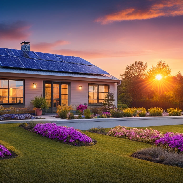A modern home with sleek solar panels on the roof, surrounded by a well-manicured lawn and blooming flowers, showcasing a "For Sale" sign with a vibrant sunset in the background, reflecting energy and sustainability.