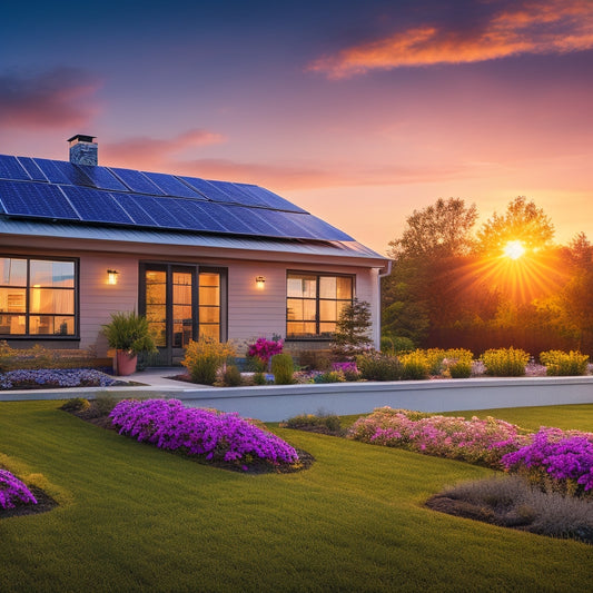 A modern home with sleek solar panels on the roof, surrounded by a well-manicured lawn and blooming flowers, showcasing a "For Sale" sign with a vibrant sunset in the background, reflecting energy and sustainability.