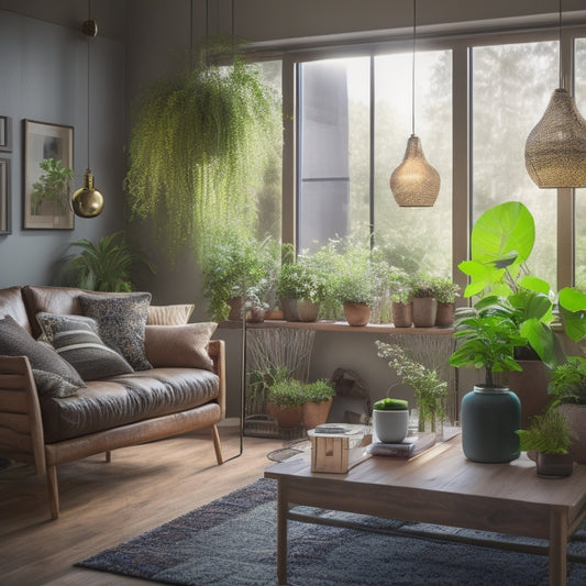 A cozy green living room illuminated by warm LED pendant lights, surrounded by potted plants and natural wood accents, with sunlight streaming through large windows showcasing energy-efficient bulbs in sleek fixtures.
