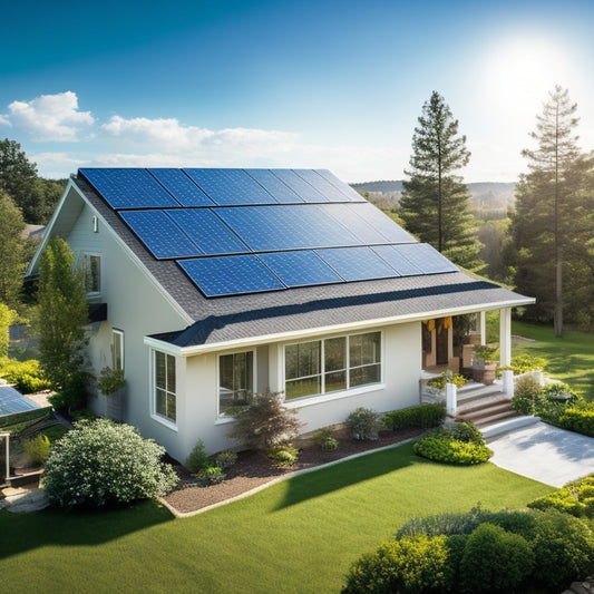 A serene suburban home with a mix of traditional and modern solar panels installed on the roof, surrounded by lush greenery and a bright blue sky with a few white, puffy clouds.