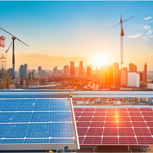 A split-screen image featuring a sunny rooftop with solar panels on one side and a cityscape with construction cranes on the other, with icons and graphs floating above, illustrating cost factors.