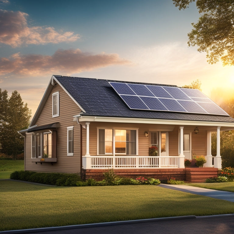 A small suburban home with a solar panel system on the roof, sunlight illuminating the panels, an electric meter nearby, and a clear sky in the background.