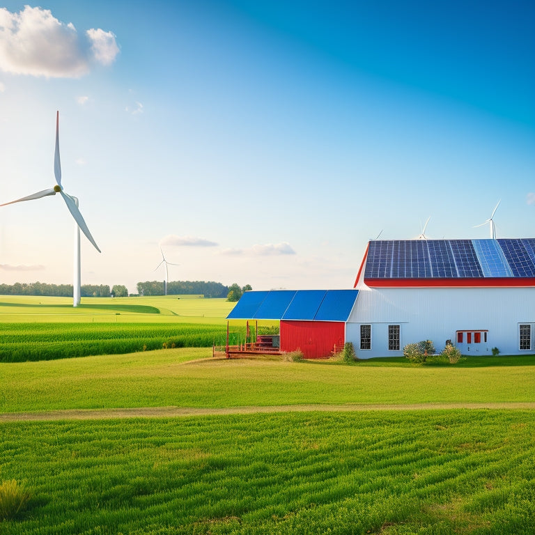 A serene rural landscape with a red barn, wind turbines, and solar panels amidst lush green fields, under a bright blue sky with a few puffy white clouds.