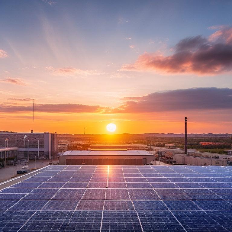 A modern commercial rooftop adorned with sleek solar panels, surrounded by industrial buildings. Below, a cutting-edge battery storage system with glowing indicators, capturing sunlight, set against a vibrant sunset sky.