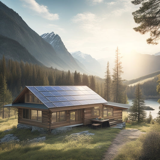 A serene off-grid landscape featuring a modern solar panel array on a rustic cabin roof, surrounded by lush greenery, mountains in the distance, and a clear blue sky, highlighting sustainable energy in harmony with nature.